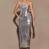 Cassia Strapless Sequin Rose Midi Dress – Silver Cassia Strapless Sequin Rose Midi Dress – Silver