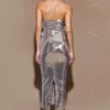 Cassia Strapless Sequin Rose Midi Dress – Silver Cassia Strapless Sequin Rose Midi Dress – Silver