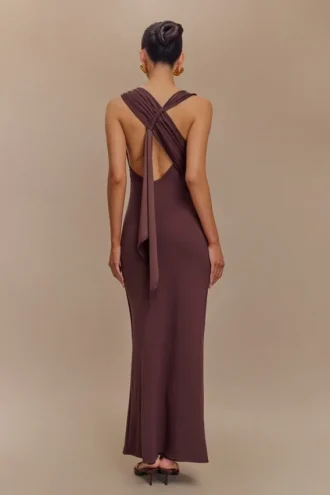 Catelyn Asymmetrical Scuba Jersey Midi Dress – Cacao Brown