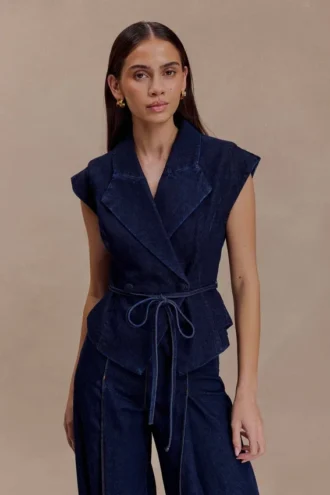 charley structured tie denim top indigo blue 1 330x495 - Charley Structured Tie Denim Top - Indigo Blue