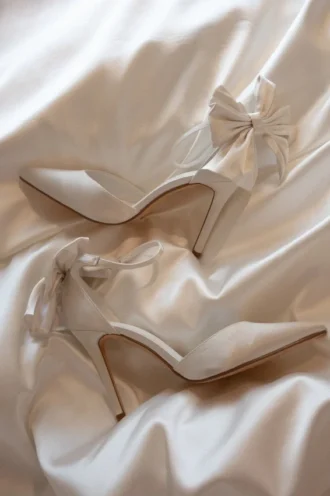 charmed satin bow heel white 1 330x496 - Charmed Satin Bow Heel - White