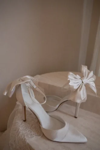 charmed satin bow heel white 2 330x495 - Charmed Satin Bow Heel - White