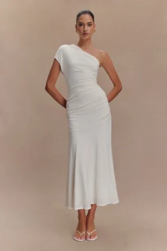 Chloe Peached Jersey One Shoulder Midi Dress – Ivory