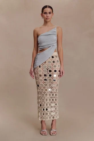 Noel Mirror Knit Midi Skirt – Beige
