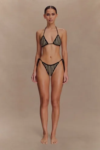 Corrie Crochet Tie Up Bikini Bottom – Black And Neutral Stripe