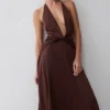 Cyra Plunge Satin Midi Dress – Dark Chocolate Cyra Plunge Satin Midi Dress – Dark Chocolate