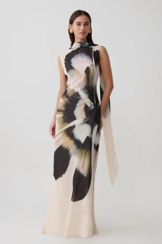 Dakota Chiffon Maxi Dress With Scarf – Ivory Oversized Floral Print