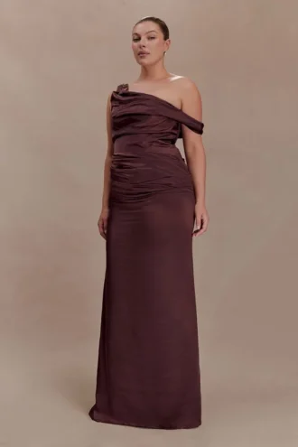 Dalia Off Shoulder Satin Maxi Dress – Dark Chocolate
