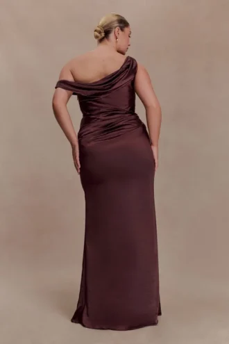 Dalia Off Shoulder Satin Maxi Dress – Dark Chocolate