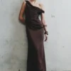 Dalia Off Shoulder Satin Maxi Dress – Dark Chocolate
