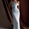 Dalia Off Shoulder Satin Maxi Dress – Frosted Blue