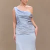 Dalia Off Shoulder Satin Maxi Dress – Frosted Blue