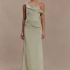 Dalia Off Shoulder Satin Maxi Dress – Sage Dalia Off Shoulder Satin Maxi Dress – Sage
