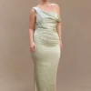 Dalia Off Shoulder Satin Maxi Dress – Sage Dalia Off Shoulder Satin Maxi Dress – Sage