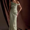 Dalia Off Shoulder Satin Maxi Dress – Sage Dalia Off Shoulder Satin Maxi Dress – Sage
