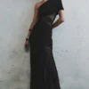 Dallas One Shoulder Mesh Maxi Dress – Black