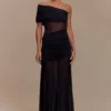 Dallas One Shoulder Mesh Maxi Dress – Black