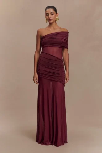 Dallas One Shoulder Mesh Maxi Dress – Burgundy