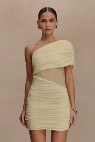 Dallas One Shoulder Mesh Mini Dress – Lemon