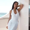 Daniela Ruched Halter Midi Dress – White Daniela Ruched Halter Midi Dress – White