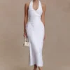 Daniela Ruched Halter Midi Dress – White Daniela Ruched Halter Midi Dress – White