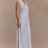 Dante Ruched Linen Midi Dress – White Dante Ruched Linen Midi Dress – White