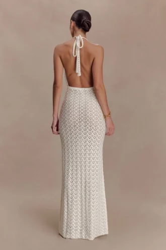 Deeliah Halterneck Crochet Maxi Dress – Ivory