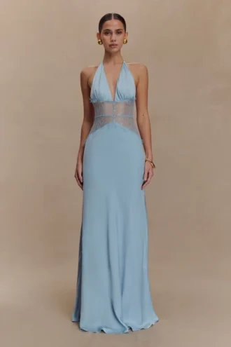 Dinah Lace And Satin Maxi Dress – Cornflower Blue