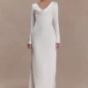 Eliza Long Sleeve Cowl Lace And Satin Maxi Dress – Ivory