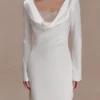 Eliza Long Sleeve Cowl Lace And Satin Maxi Dress – Ivory