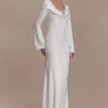 Eliza Long Sleeve Cowl Lace And Satin Maxi Dress – Ivory