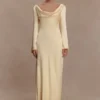 Eliza Long Sleeve Cowl Lace And Satin Maxi Dress – Lemon