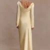 Eliza Long Sleeve Cowl Lace And Satin Maxi Dress – Lemon