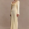 Eliza Long Sleeve Cowl Lace And Satin Maxi Dress – Lemon