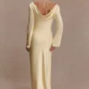 Eliza Long Sleeve Cowl Lace And Satin Maxi Dress – Lemon
