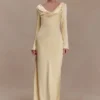 Eliza Long Sleeve Cowl Lace And Satin Maxi Dress – Lemon