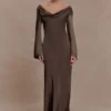 Eliza Long Sleeve Cowl Lace And Satin Maxi Dress – Mocha