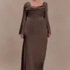 Eliza Long Sleeve Cowl Lace And Satin Maxi Dress – Mocha