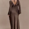 Eliza Long Sleeve Cowl Lace And Satin Maxi Dress – Mocha