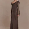Eliza Long Sleeve Cowl Lace And Satin Maxi Dress – Mocha