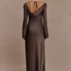 Eliza Long Sleeve Cowl Lace And Satin Maxi Dress – Mocha