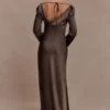 Eliza Long Sleeve Cowl Lace And Satin Maxi Dress – Mocha