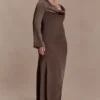Eliza Long Sleeve Cowl Lace And Satin Maxi Dress – Mocha