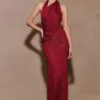 Elma Lurex Knit Halter Maxi Dress – Deep Red Elma Lurex Knit Halter Maxi Dress – Deep Red