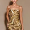 Eloise Hand Beaded Mini Dress – Gold Swirl Print