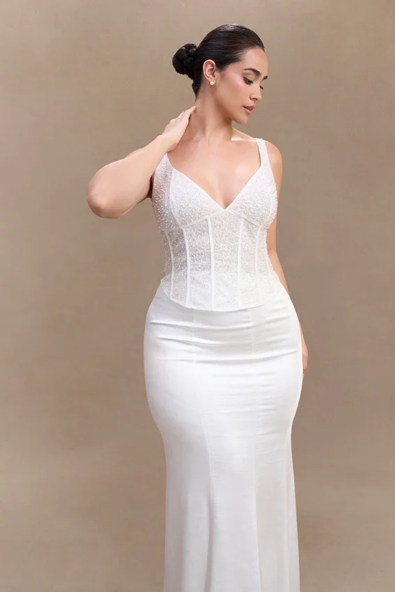 Elsie Pearl Beaded Bustier Top – White Elsie Pearl Beaded Bustier Top – White