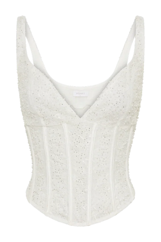 Elsie Pearl Beaded Bustier Top – White Elsie Pearl Beaded Bustier Top – White