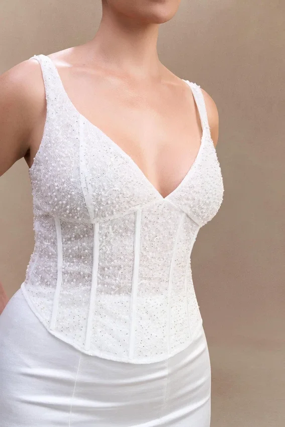 Elsie Pearl Beaded Bustier Top – White Elsie Pearl Beaded Bustier Top – White