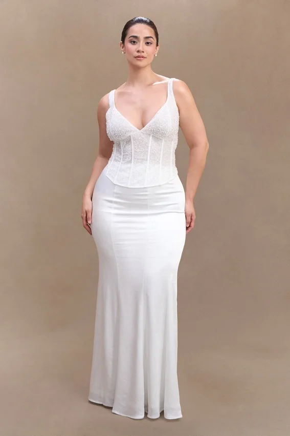 Elsie Pearl Beaded Bustier Top – White Elsie Pearl Beaded Bustier Top – White