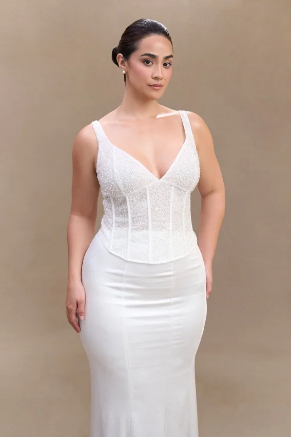 Elsie Pearl Beaded Bustier Top – White Elsie Pearl Beaded Bustier Top – White